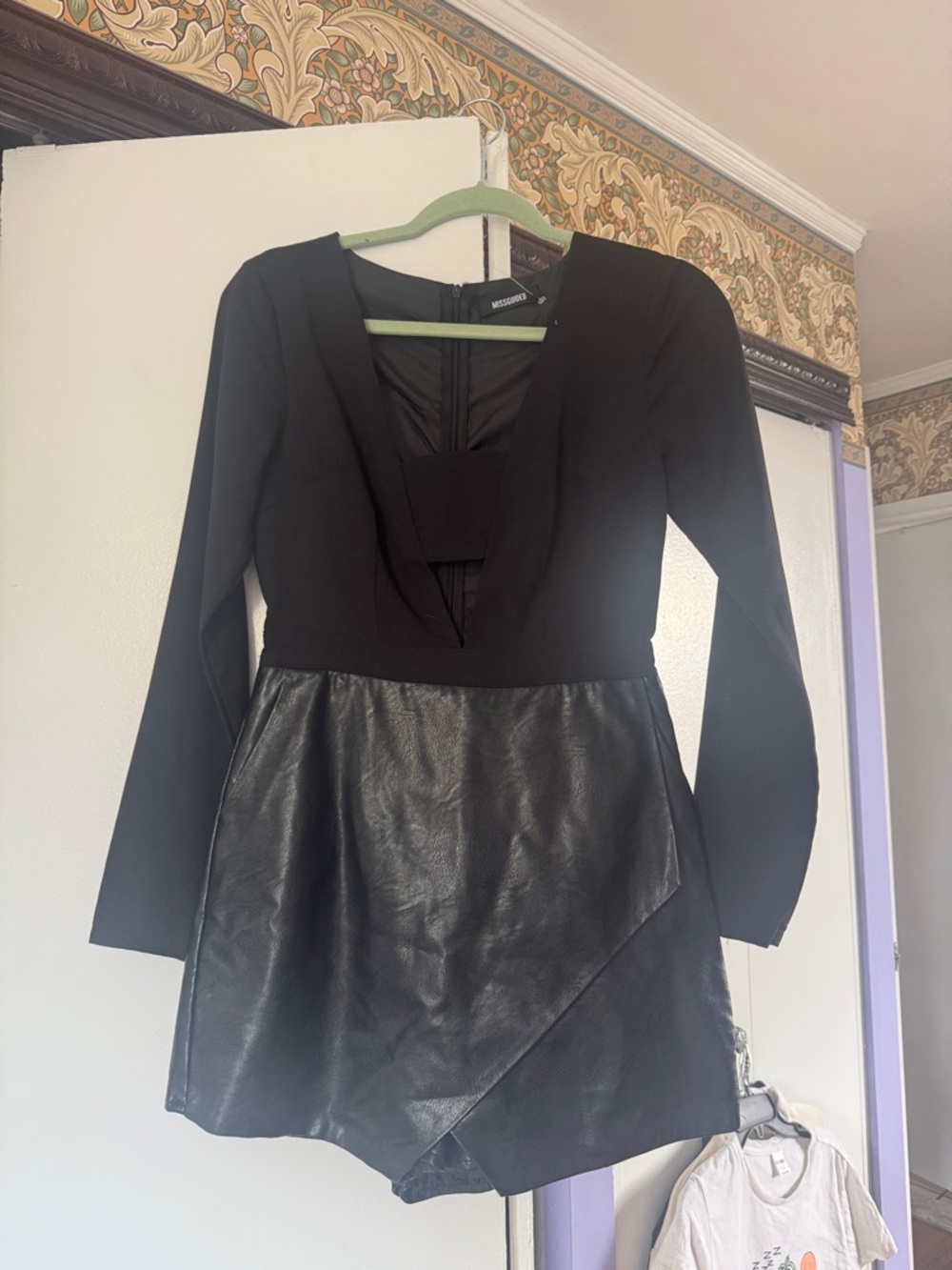 Missguided Black Long-Sleeve Faux Leather Panel Romper